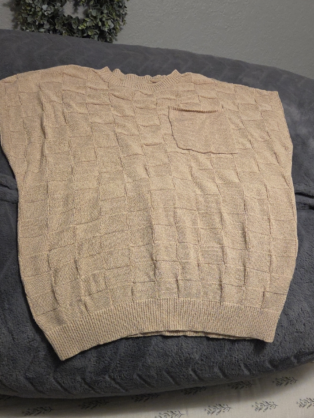 Women's Beige Textured Knit Sweater with Patch Pocket
